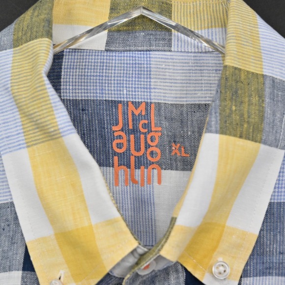 J McLaughlin Mens Plaid Collared Shirt Size XL Linen Blue Yellow Button Down - Picture 6 of 12